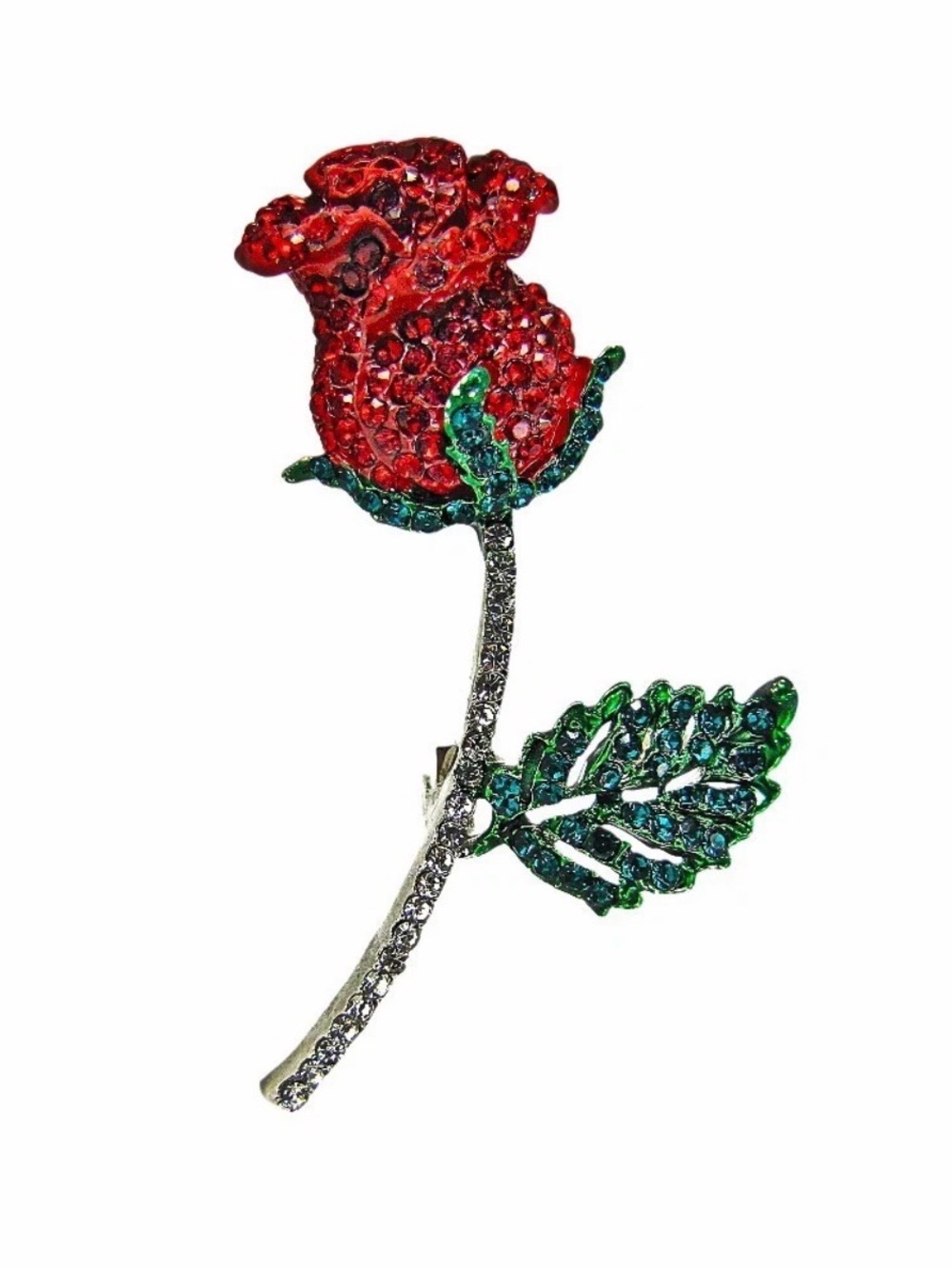 Sparkling Red Rose Crystal Brooch with Green Leaves - Women's Jewelry